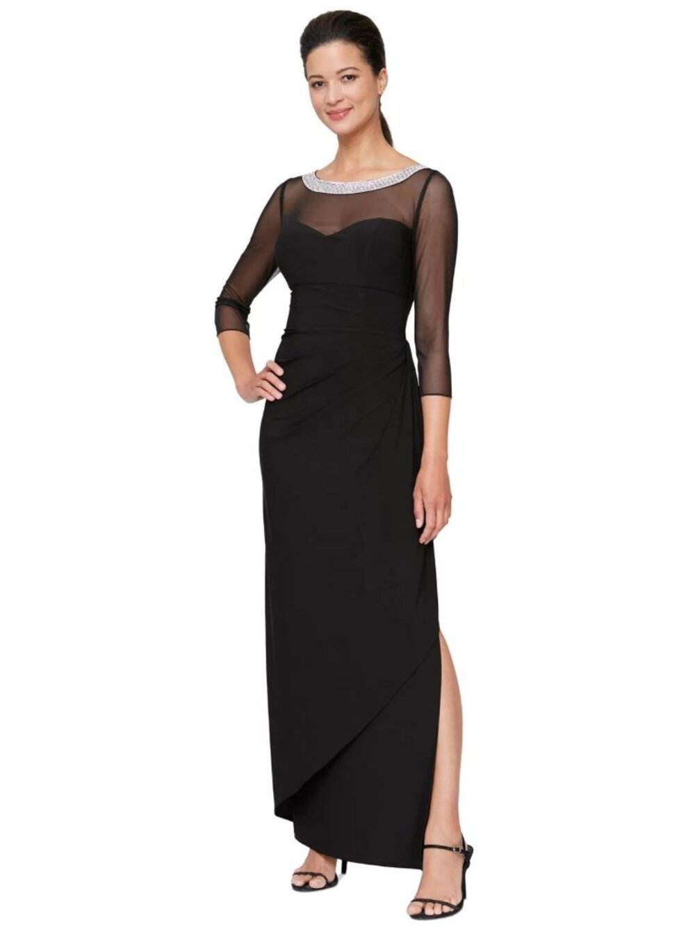 Alex Evenings Embellished Gown Illusion Neck Black Velvet Evening Dress
